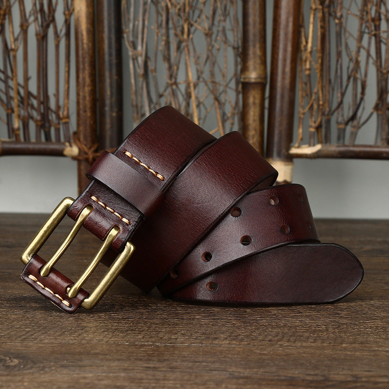 Men’s Genuine Leather Belt with Double Pin Buckle – Heavy Duty Casual Waist Belt