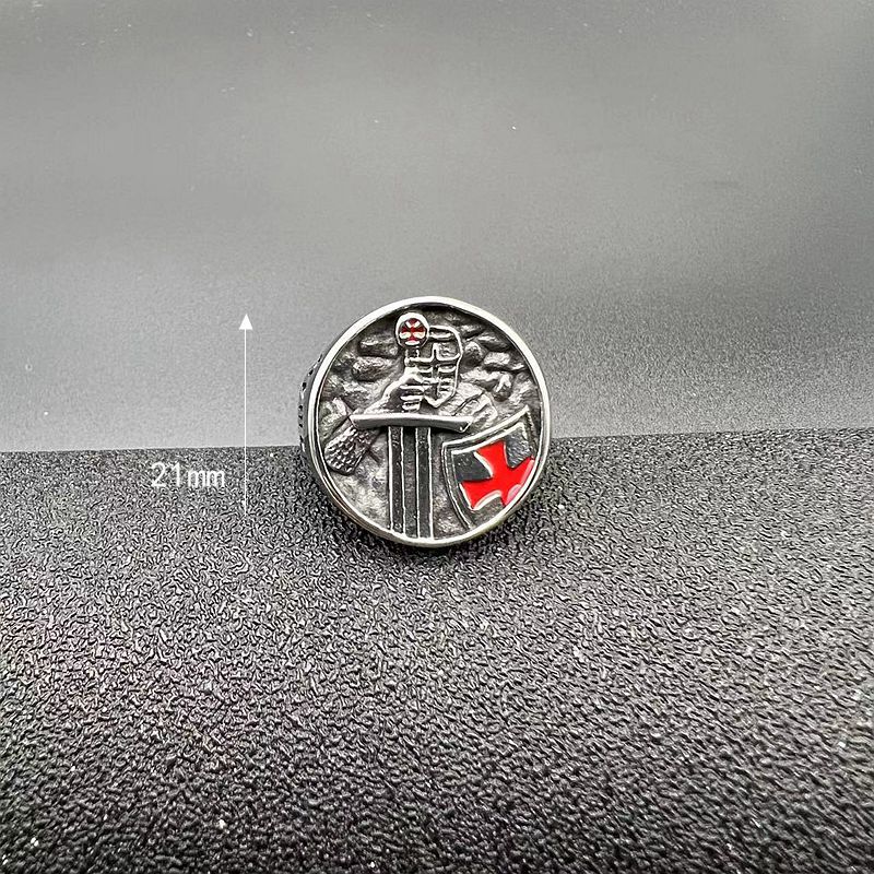 Men’s Titanium Steel Templar Samurai Ring with Red Epoxy Cross Inscription