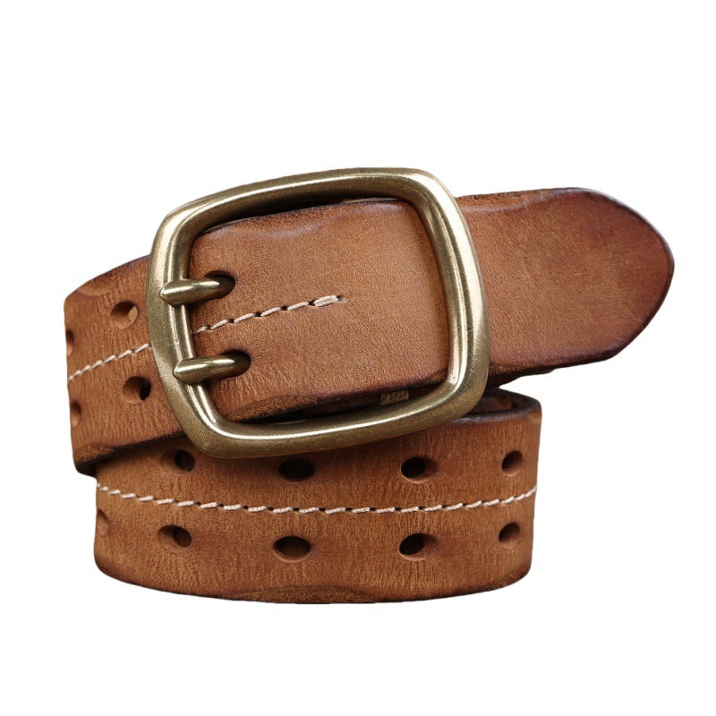 Men’s Handmade Cowhide Leather Belt – Retro Double-Prong Brass Buckle