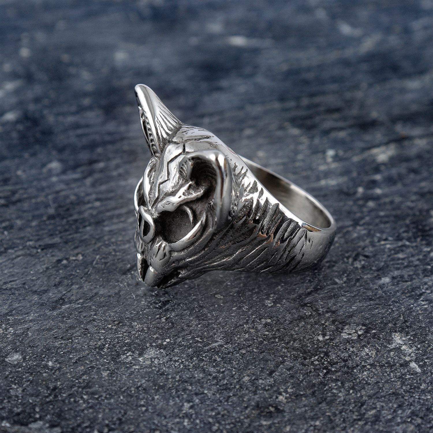 Skull Cat Stainless Steel Ring – Gothic Undead Animal Statement Ring