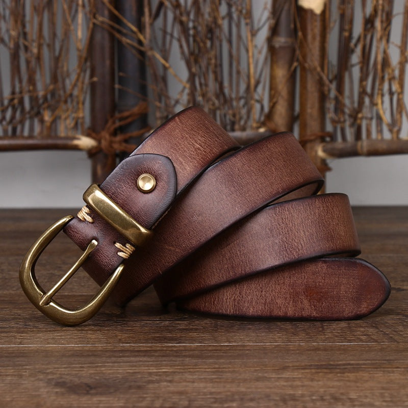 Vintage Distressed Cowhide Leather Belt – Men’s Classic Pin Buckle Be