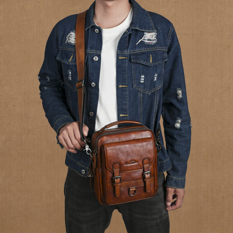 Men’s Genuine Leather Crossbody Bag – Retro Hand-Rubbed Top-Grain Cowhide Shoulder Bag