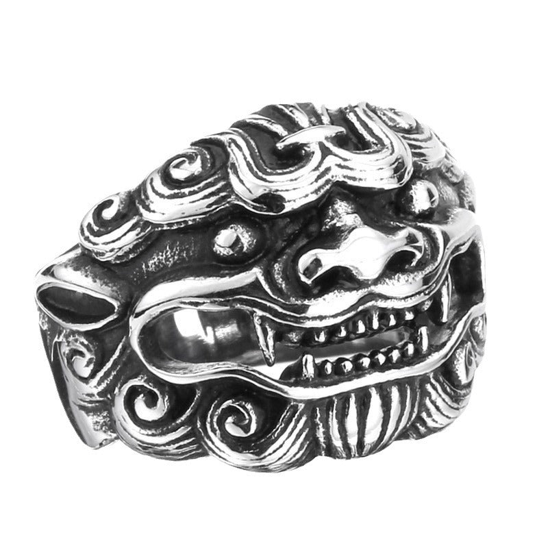 Men’s Titanium Steel Kirin Amulet Ring – Chinese Style Punk Statement Ring