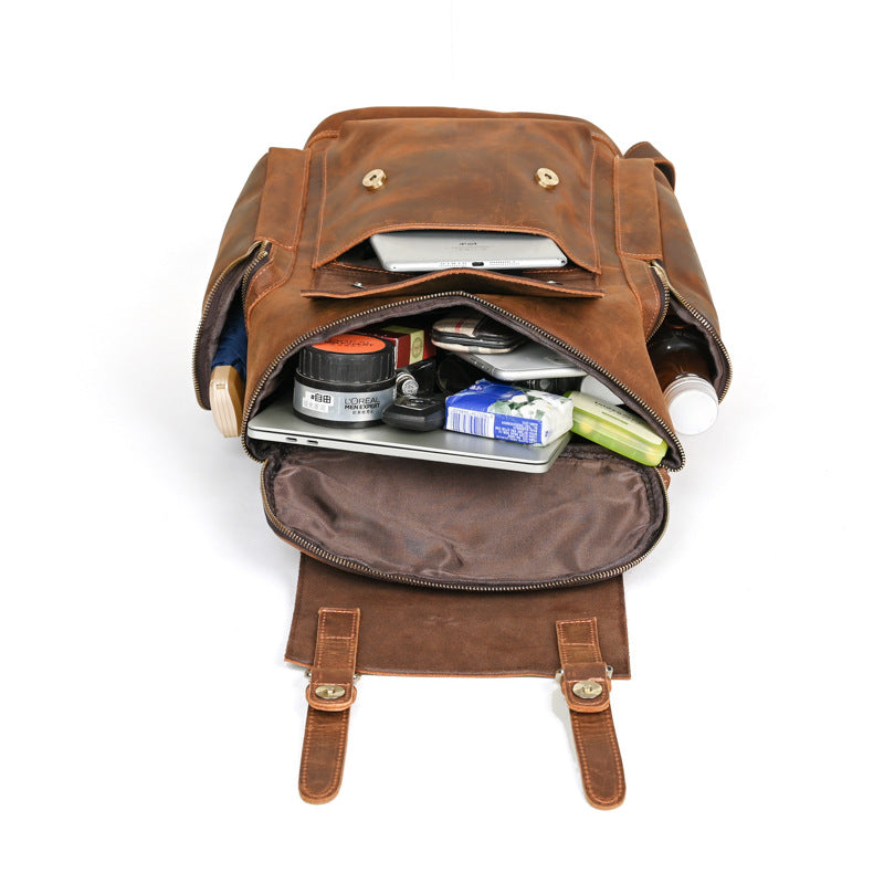 Men’s Crazy Horse Leather Backpack – First-Layer Cowhide Vintage Travel Rucksack