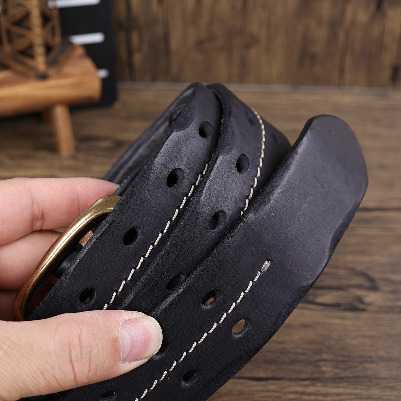 Men’s Handmade Cowhide Leather Belt – Retro Double-Prong Brass Buckle