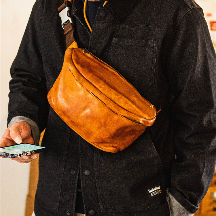Vintage Cowhide Leather Men’s Chest Bag – Large Capacity Genuine Leather Crossbody Bag