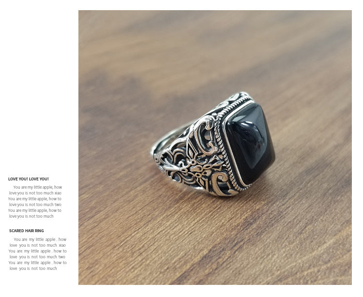 Unique 925 Sterling Silver Turkish Ring with Black Stone – Adjustable Unisex Statement Ring