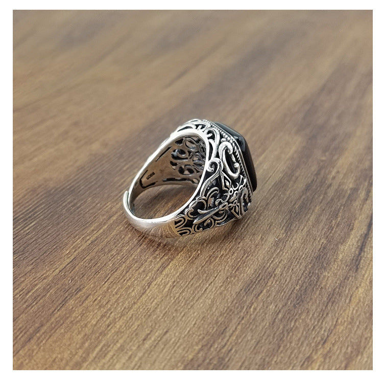Unique 925 Sterling Silver Turkish Ring with Black Stone – Adjustable Unisex Statement Ring
