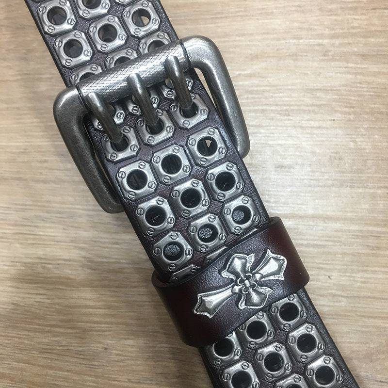 Genuine Leather Studded Cowboy Punk Belt – Heavy Metal Rivet Jeans Belt for Men