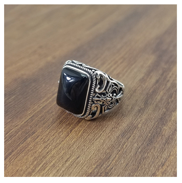 Unique 925 Sterling Silver Turkish Ring with Black Stone – Adjustable Unisex Statement Ring