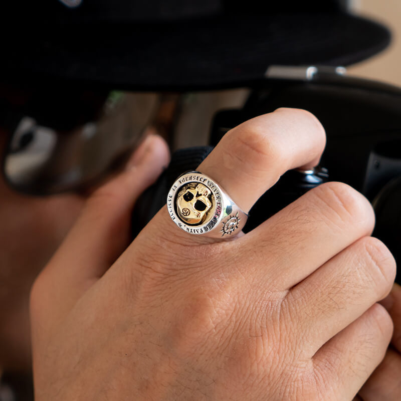 Punk 925 Sterling Silver Gold Skull Ring – Two Tone Adjustable Cocktail Ring