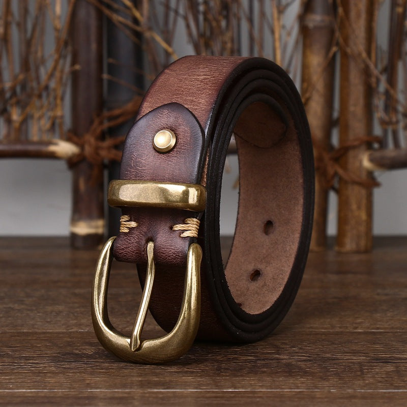 Vintage Distressed Cowhide Leather Belt – Men’s Classic Pin Buckle Be