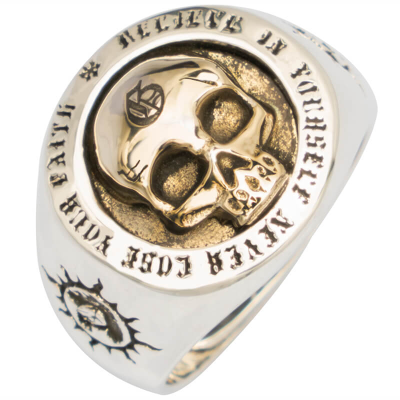 Punk 925 Sterling Silver Gold Skull Ring – Two Tone Adjustable Cocktail Ring