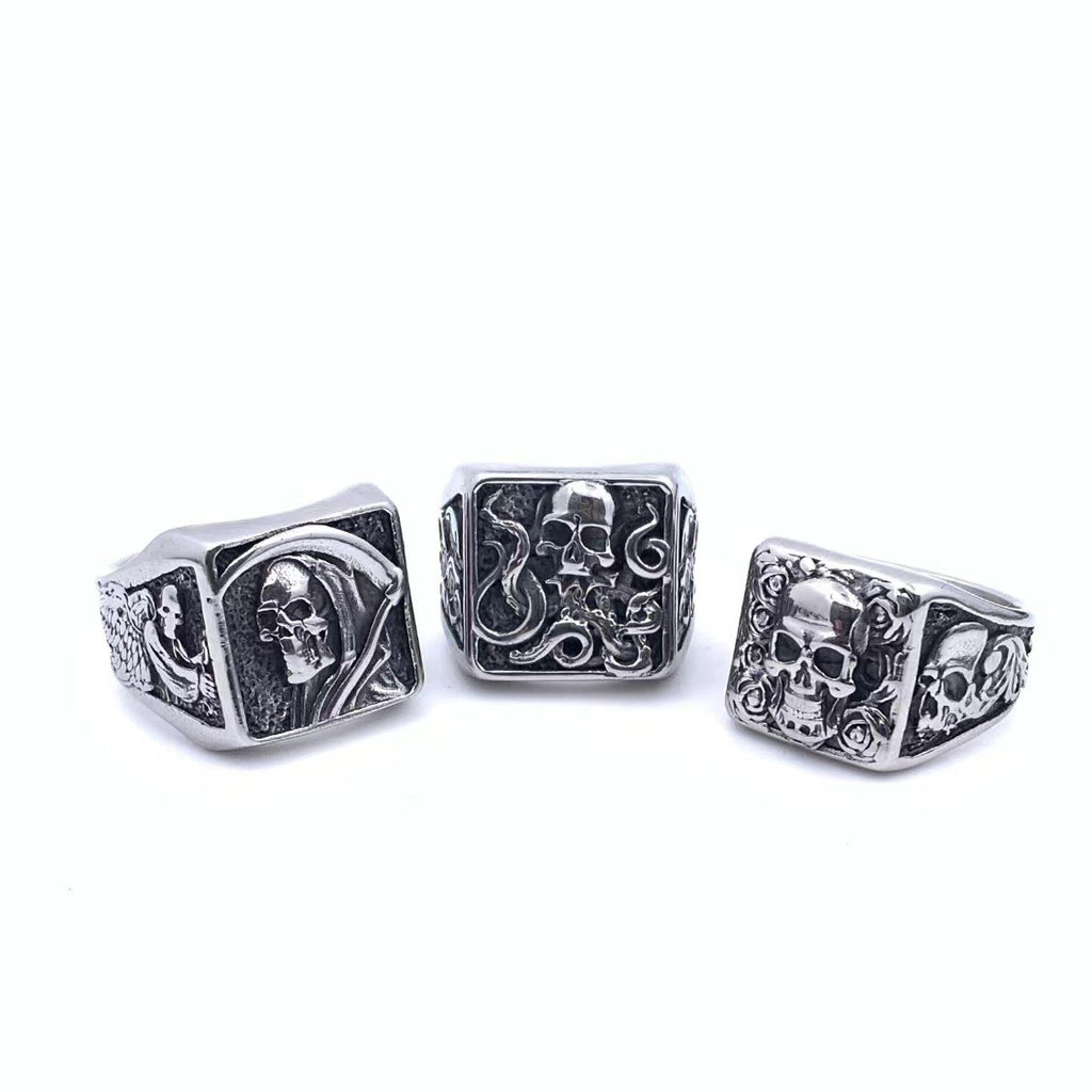 Men’s Retro Gothic Rose Skull Ring – Titanium Steel Death Style Statement Ring