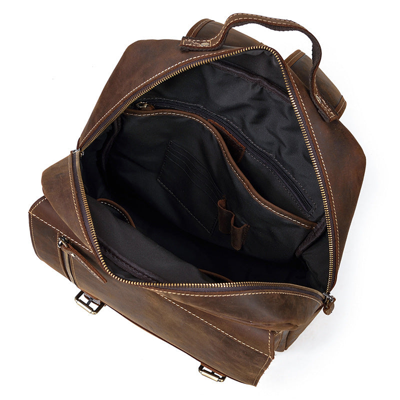 Retro Crazy Horse Leather Backpack for Men – Vintage Flap Travel & School Rucksack