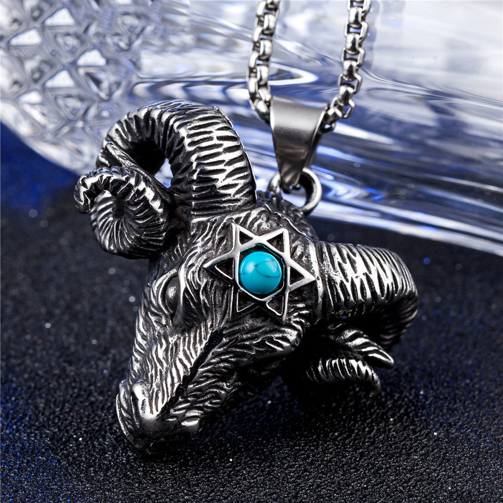 Men’s Vintage Satanic Five Star Sheep Head Pendant Necklace – Titanium Steel Gothic Jewellery
