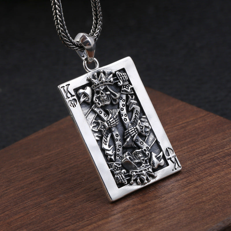 Sterling Silver Spade King Skull Poker Pendant Necklace – Punk Men’s Jewellery