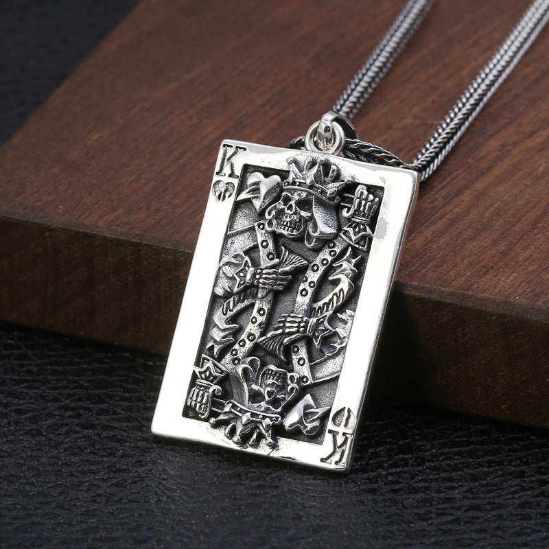 Sterling Silver Spade King Skull Poker Pendant Necklace – Punk Men’s Jewellery