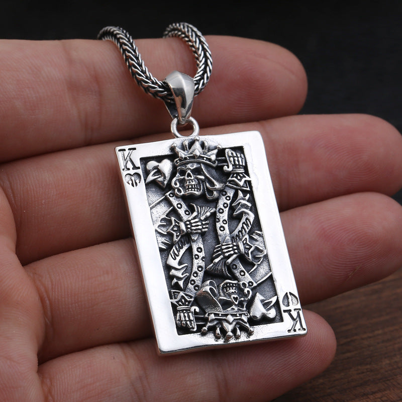 Sterling Silver Spade King Skull Poker Pendant Necklace – Punk Men’s Jewellery