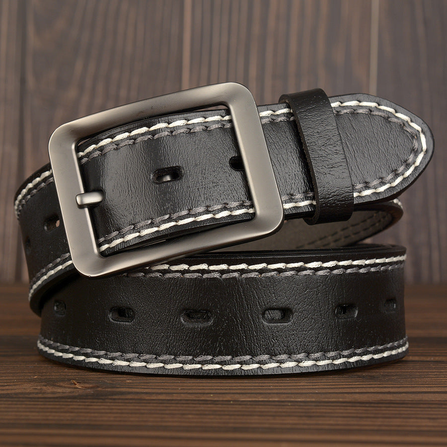 Men’s Real Cowhide Leather Belt – Two-Line Stitching with Japanese Buckle
