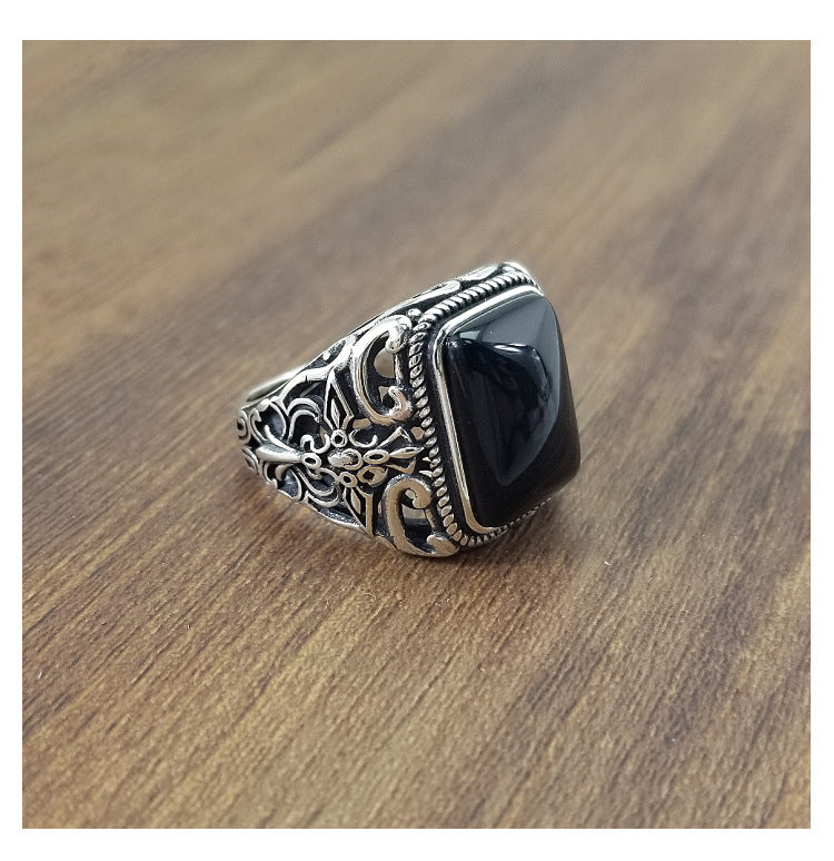 Unique 925 Sterling Silver Turkish Ring with Black Stone – Adjustable Unisex Statement Ring