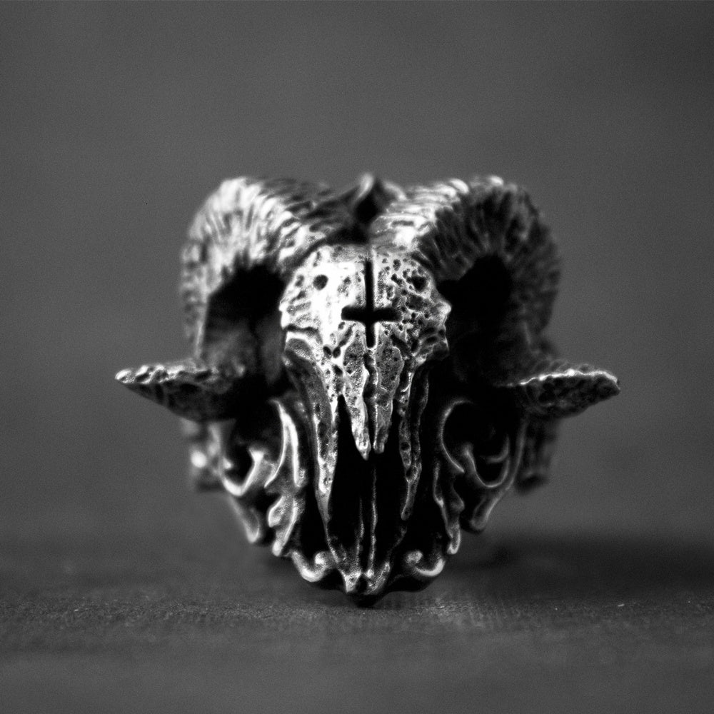 Men’s Gothic Lucifer Sheep Head Ring – Vintage Skull Cross Stainless Steel Punk Ring