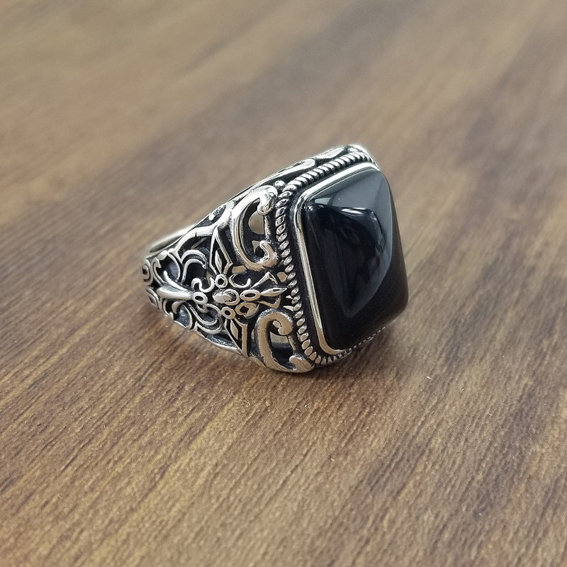 Unique 925 Sterling Silver Turkish Ring with Black Stone – Adjustable Unisex Statement Ring