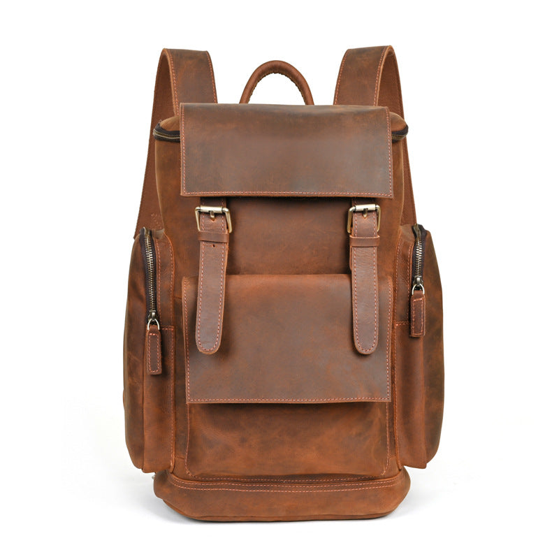 Men’s Crazy Horse Leather Backpack – First-Layer Cowhide Vintage Travel Rucksack