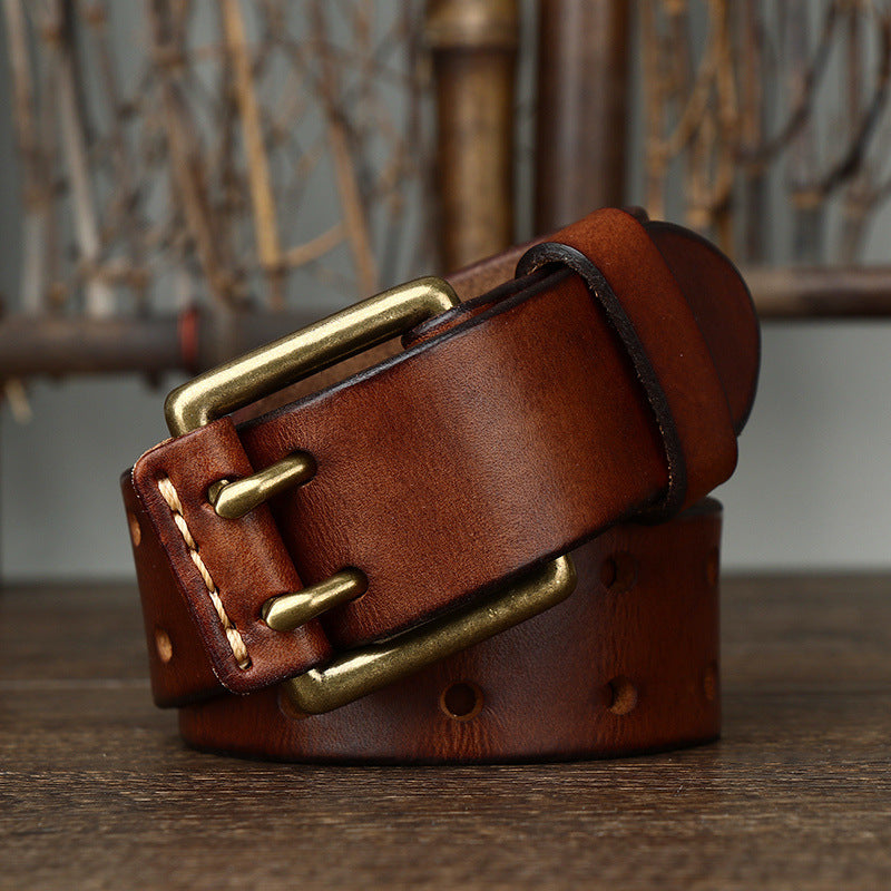 Men’s First Layer Cowhide Leather Belt with Vintage Brass Buckle – Premium Casual Waist Belt