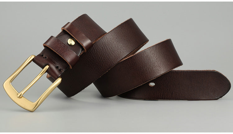 Men’s Genuine Cowhide Leather Belt – Solid Copper Smooth Plate Buckle