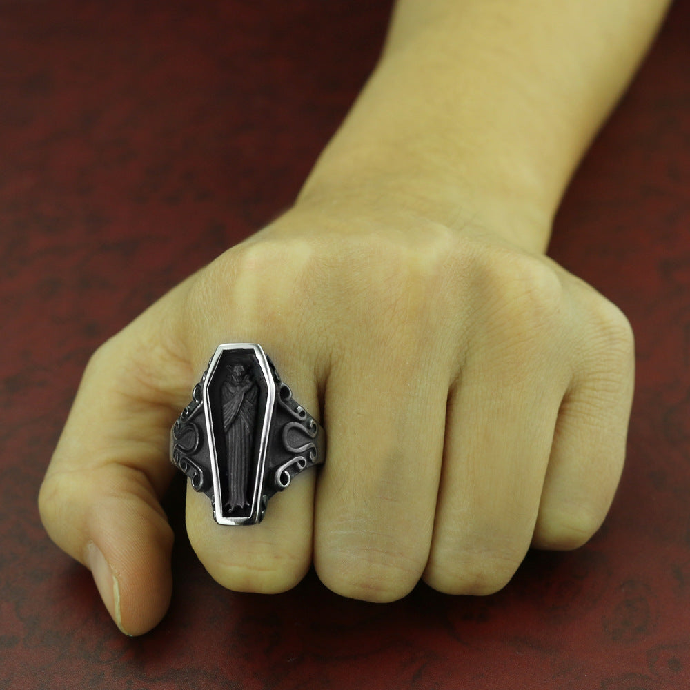 Men’s Vintage Casket Ring – Biker Steel Halloween Punk Statement Ring