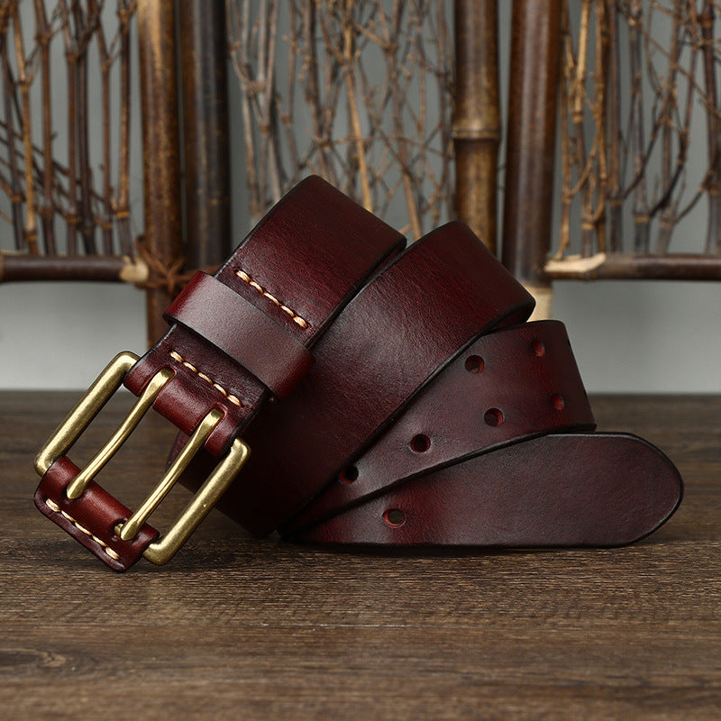 Men’s First Layer Cowhide Leather Belt with Vintage Brass Buckle – Premium Casual Waist Belt
