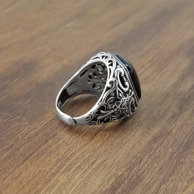 Unique 925 Sterling Silver Turkish Ring with Black Stone – Adjustable Unisex Statement Ring