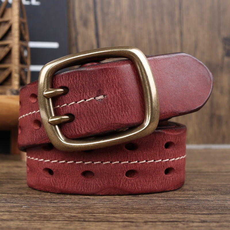 Men’s Handmade Cowhide Leather Belt – Retro Double-Prong Brass Buckle