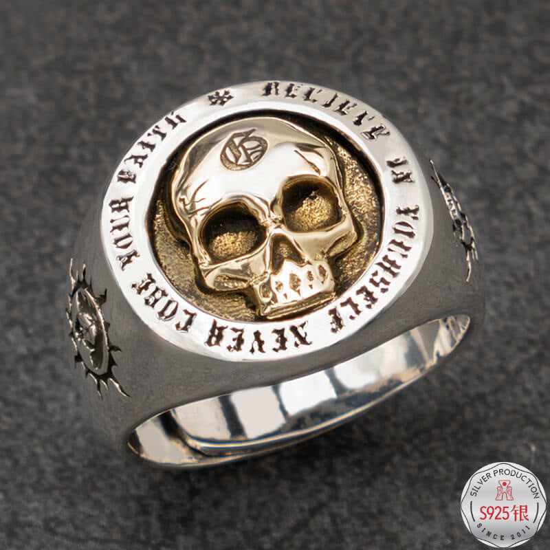 Punk 925 Sterling Silver Gold Skull Ring – Two Tone Adjustable Cocktail Ring