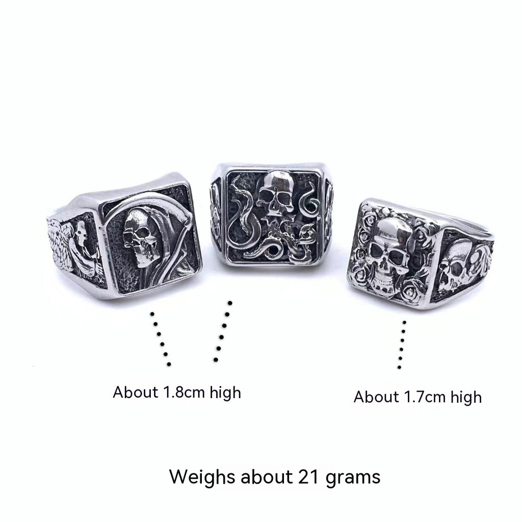 Men’s Retro Gothic Rose Skull Ring – Titanium Steel Death Style Statement Ring