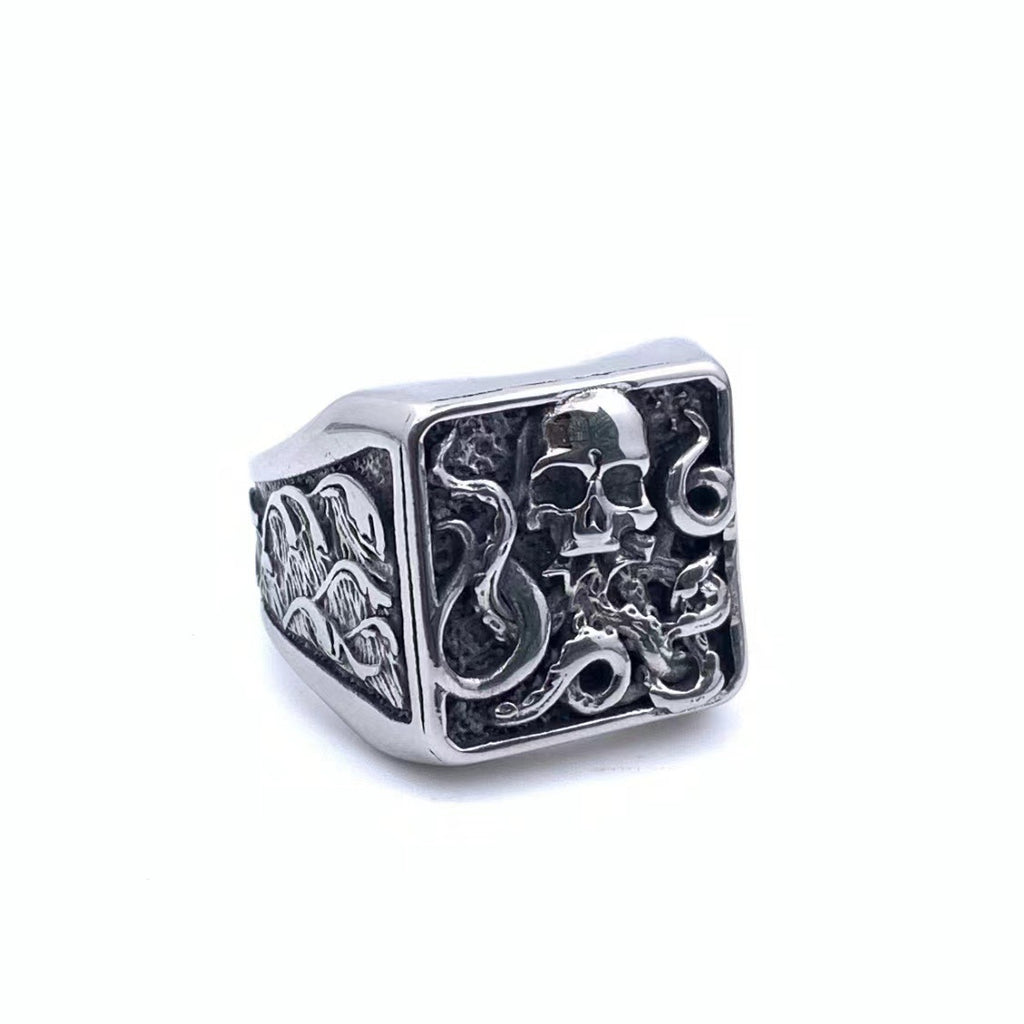Men’s Retro Gothic Rose Skull Ring – Titanium Steel Death Style Statement Ring
