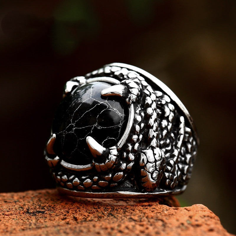 Men’s Snake Casting Ring – Titanium Steel Inlaid Black Turquoise Statement Band