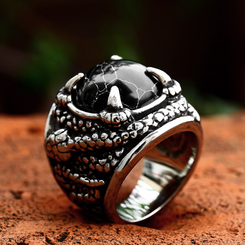 Men’s Snake Casting Ring – Titanium Steel Inlaid Black Turquoise Statement Band