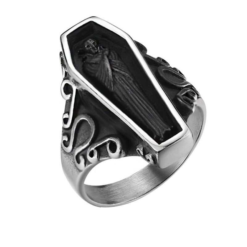Men’s Vintage Casket Ring – Biker Steel Halloween Punk Statement Ring
