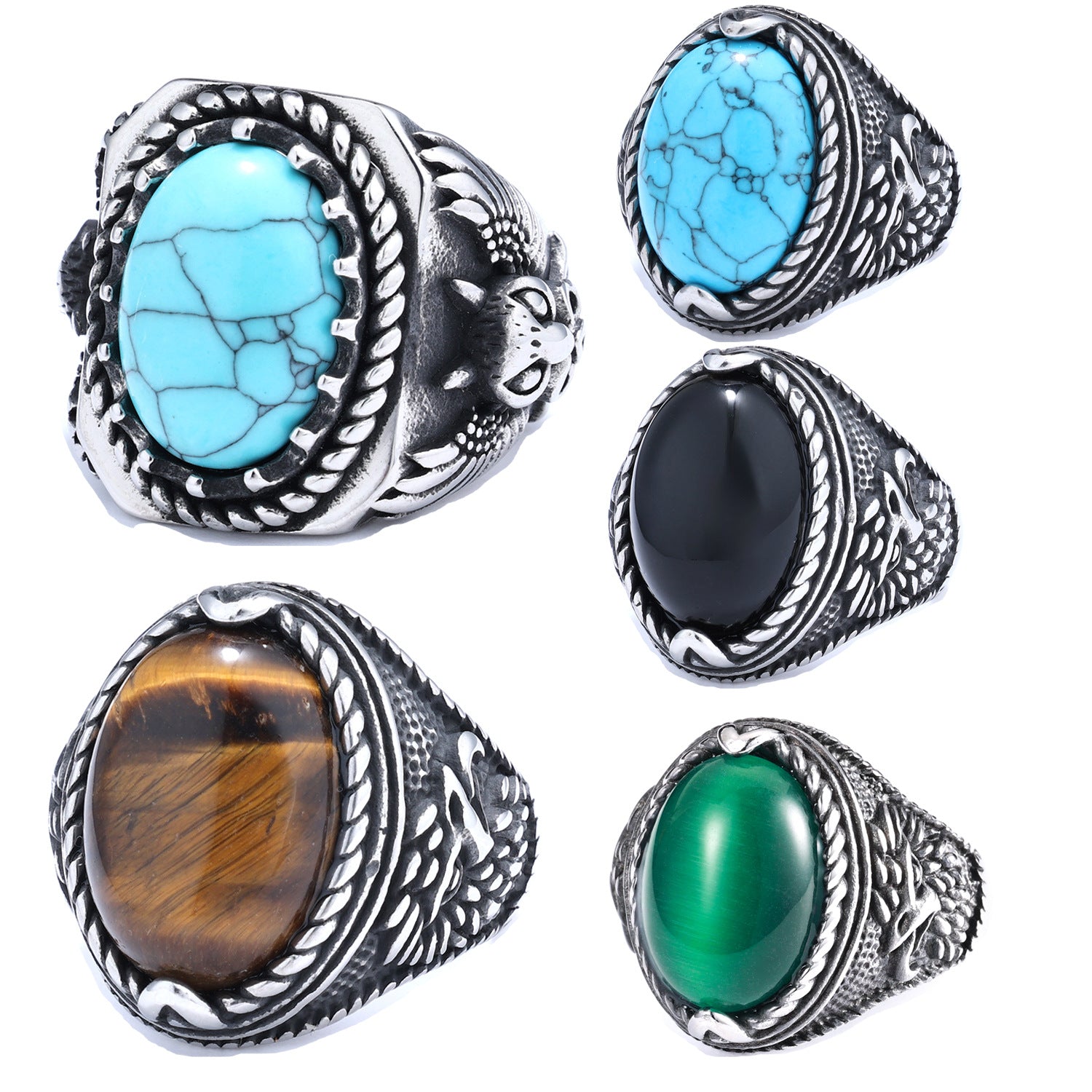 Men’s Turquoise Tiger Eye Ring – Stainless Steel Statement Ring