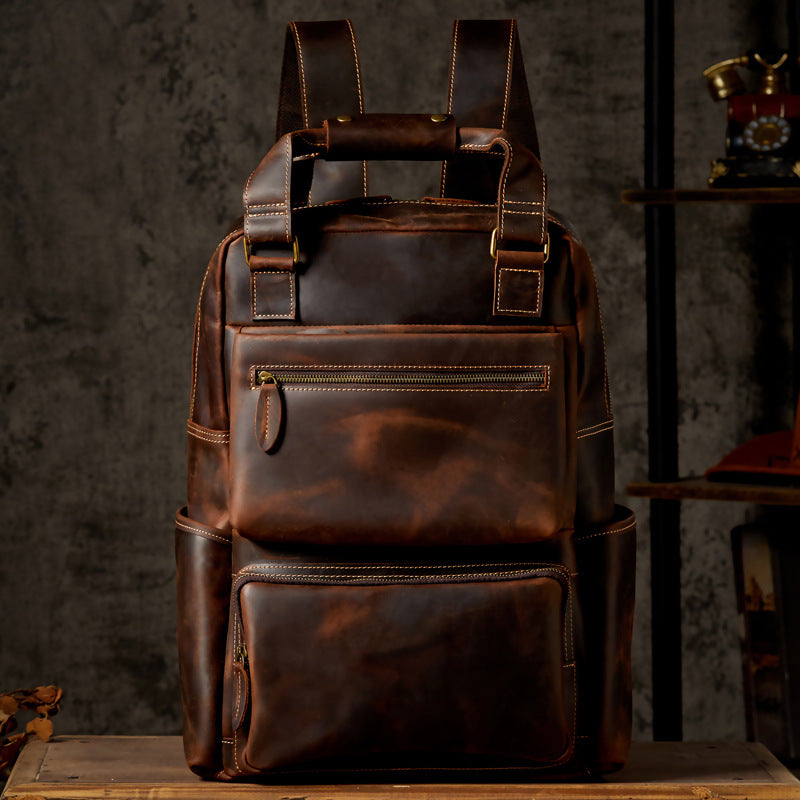 Handmade Retro Crazy Horse Leather Oversized Backpack for Men