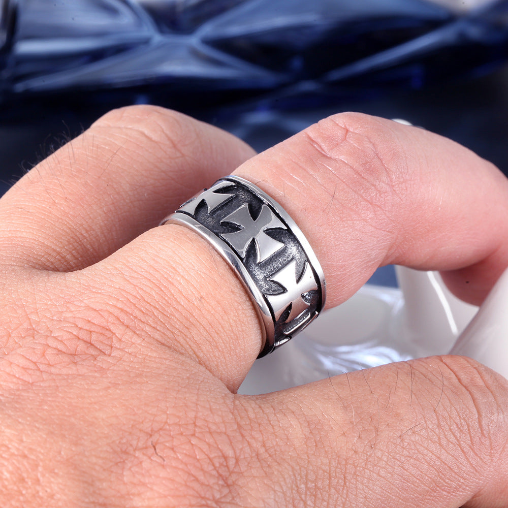 Retro Stainless Steel Iron Cross Ring Band – Vintage Unisex Statement Jewellery