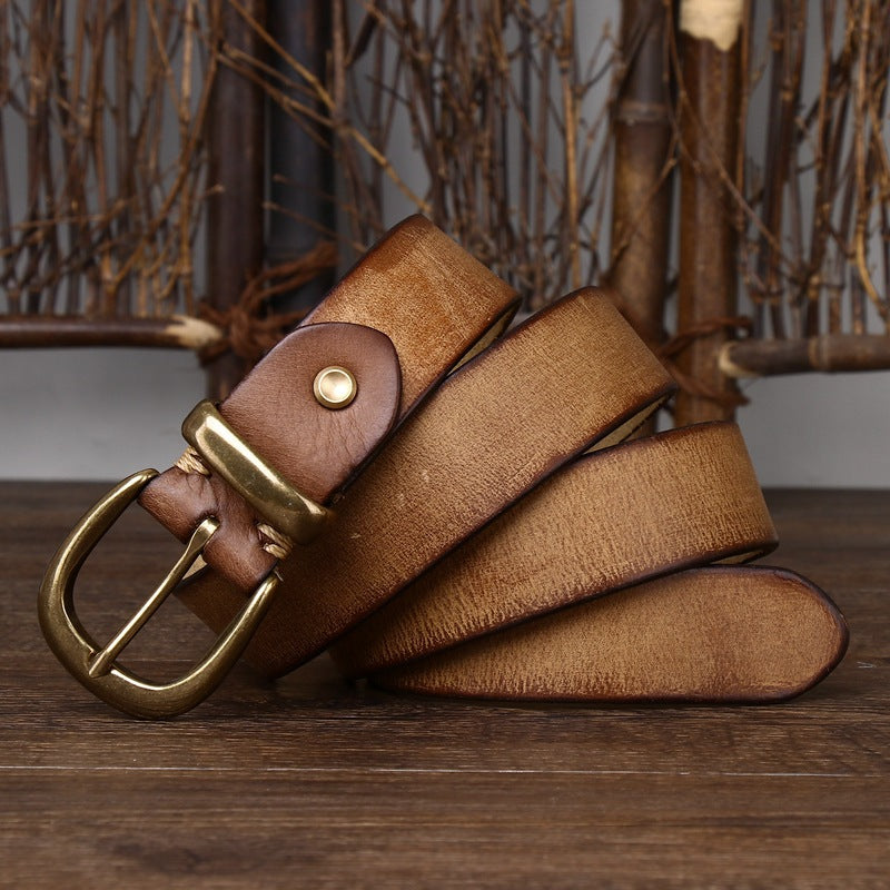 Vintage Distressed Cowhide Leather Belt – Men’s Classic Pin Buckle Be