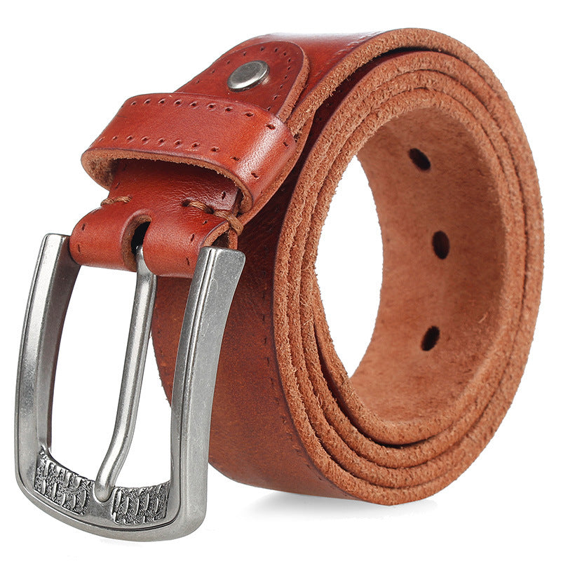 Retro Personalized Double Needle Brass Buckle First Layer Cowhide Stitching Men's Leather Belt