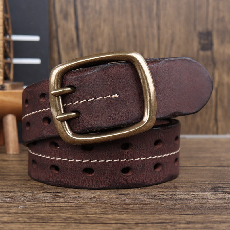Men’s Handmade Cowhide Leather Belt – Retro Double-Prong Brass Buckle
