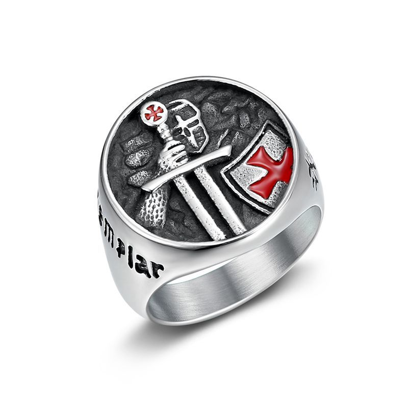 Men’s Titanium Steel Templar Samurai Ring with Red Epoxy Cross Inscription