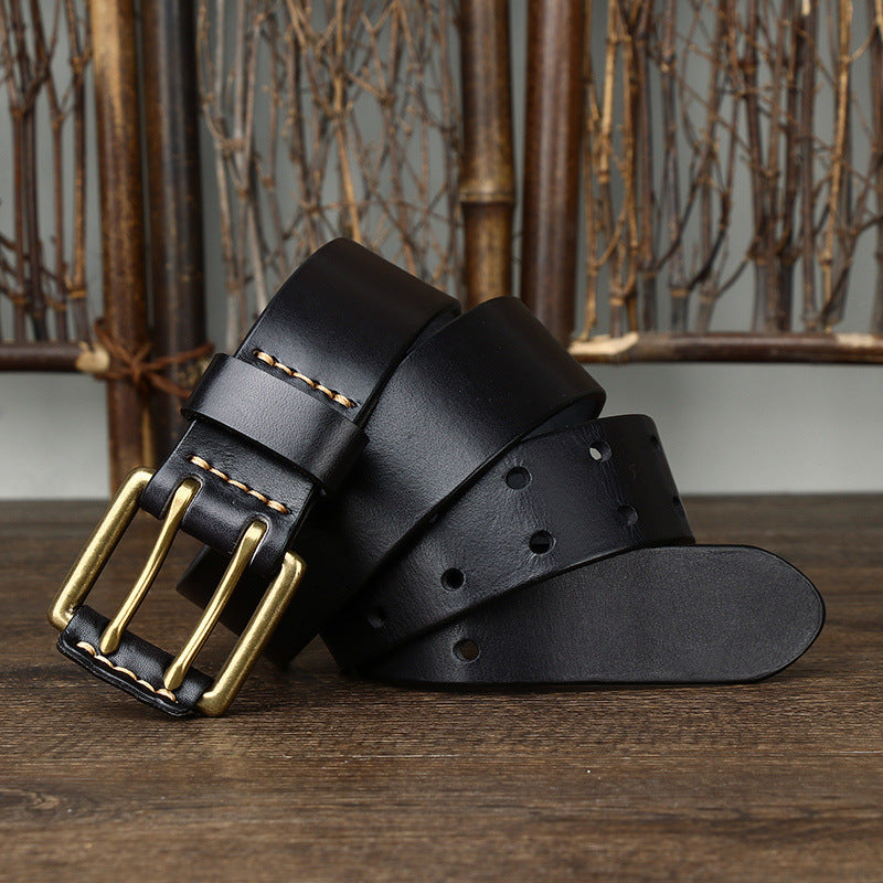 Men’s Genuine Leather Belt with Double Pin Buckle – Heavy Duty Casual Waist Belt