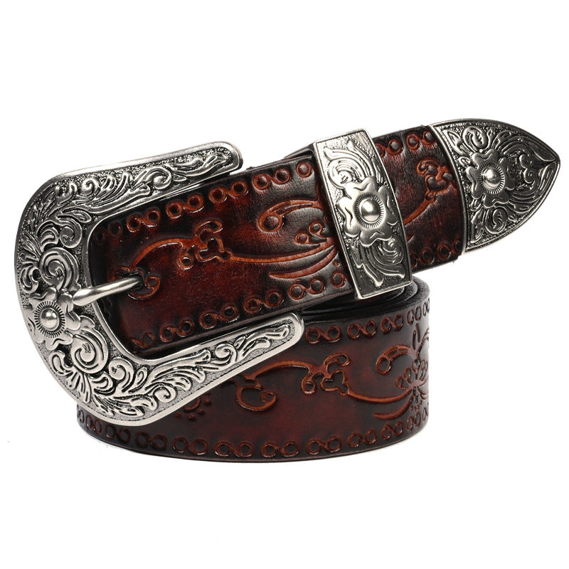 Embossed First Layer Cowhide Men’s Belt – Mongolian Style Carved Leather Belt