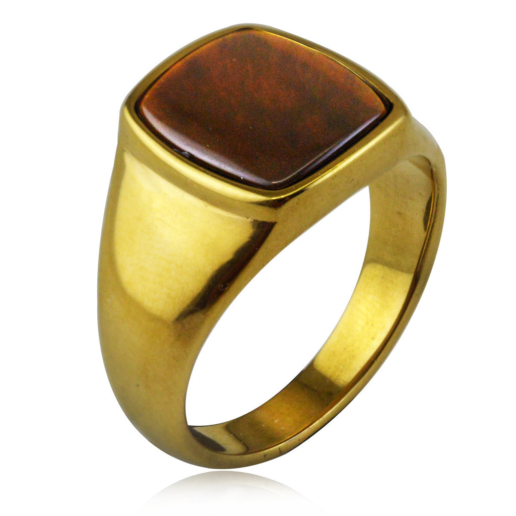 Men’s Tiger Eye Signet Ring – Gold Titanium Steel Stainless Steel Statement Band